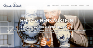 Screenshot der Auktionsseite heinz-schenk-auktion.de. Die Auktion wird von einem Auktionator aus Albstadt durchgeführt. Unter den Hammer kommen auch Auszeichnungen und Preise, Autogramme und einige Bembel aus "Zum Blauen Bock"